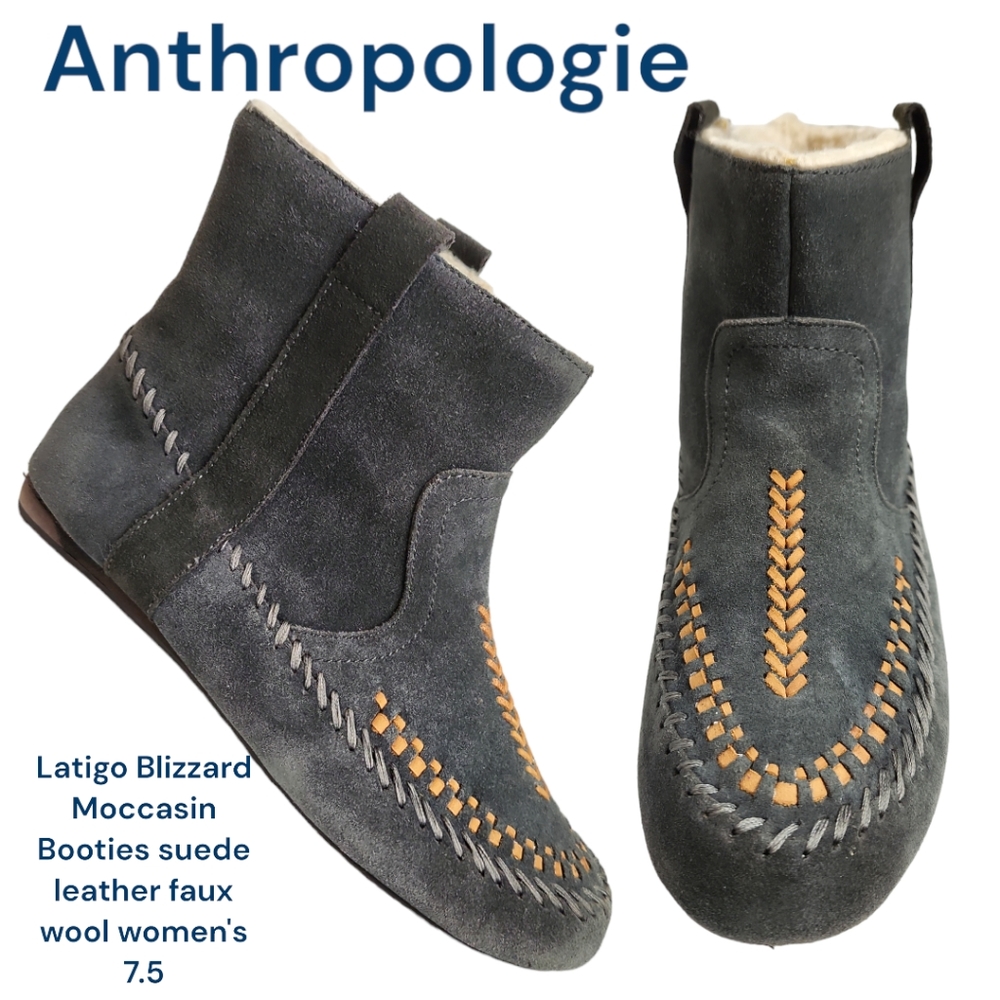 Anthropologie Suede Moccasin Booties in Charcoal Gray with Tan Accents